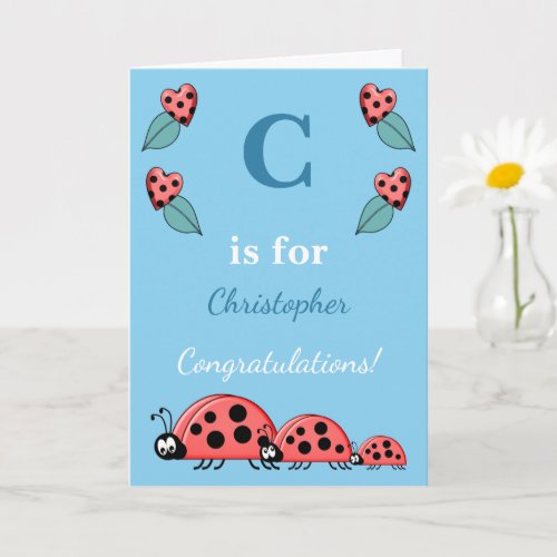 Alphabet name new baby cute ladybirds blue card