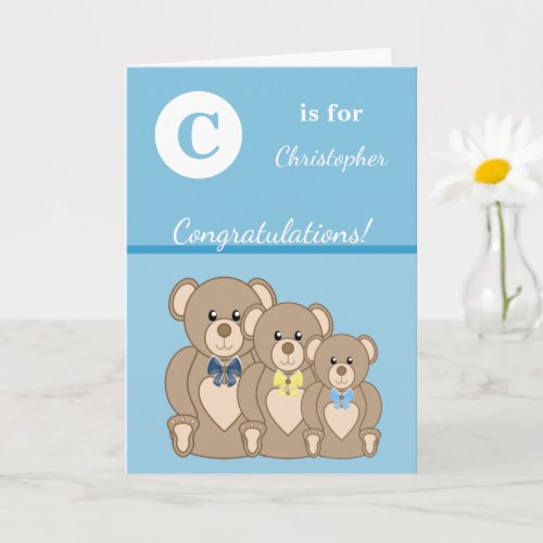Alphabet name new baby cute teddy bears blue card