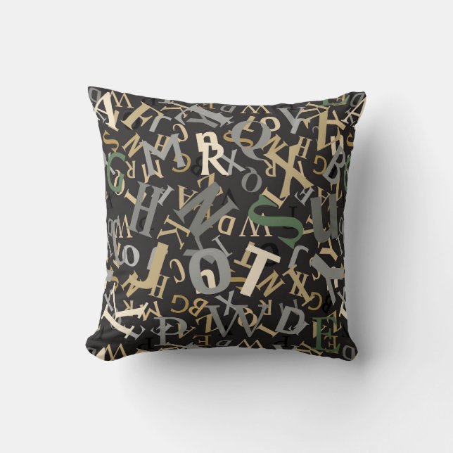 Alphabet, neutral tones black background, Abstract Throw Pillow (Front)