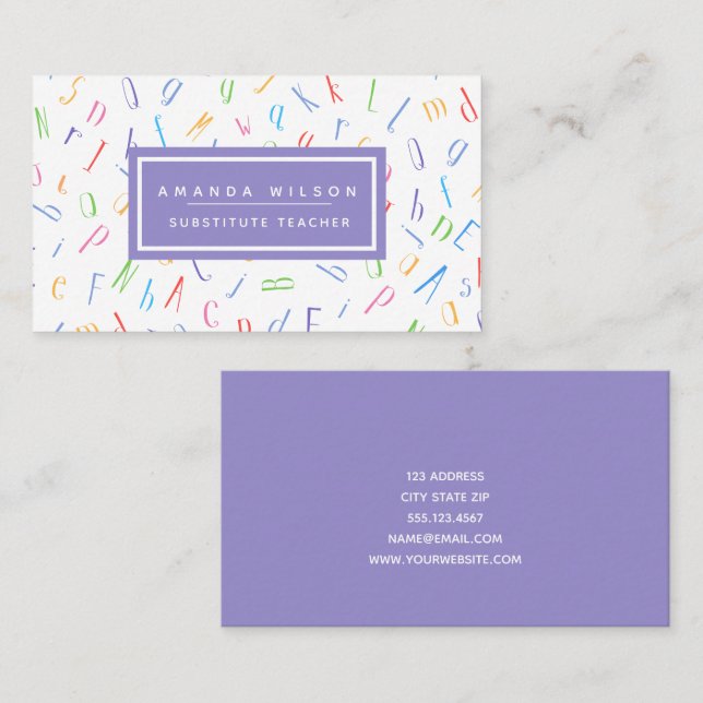 Alphabet Pattern Purple Substitute Teacher/ Tutor  Business Card (Front/Back)
