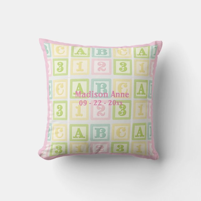 Alphabet Pink Baby Girl Name Personalized Throw Pillow (Front)