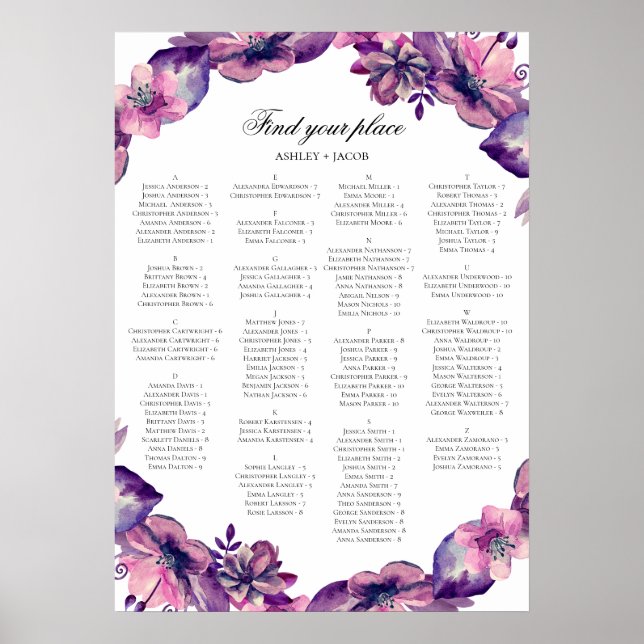 Alphabet seating chart. Purple and pink flowers Poster (Front)