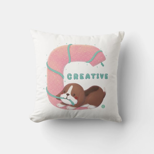Alphabet Series: "C" Creative Beagle Illustration Throw Pillow (Front)