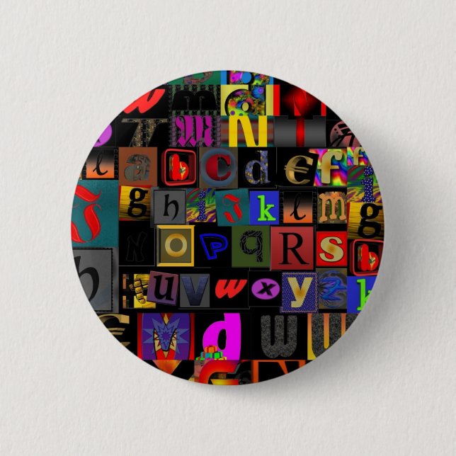 Alphabet Soup, mosaic letters design, fun colourfu Button (Front)
