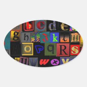 Alphabet Soup, mosaic letters design, fun colourfu Oval Sticker