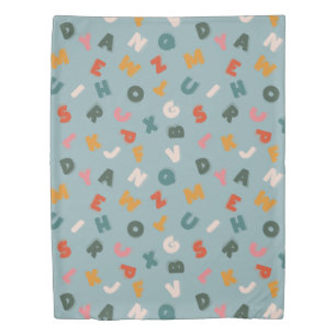 alphabet soup retro blue duvet cover