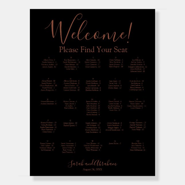 Alphabetic Alphabetical Wedding Seating Chart Foam Board (Front)