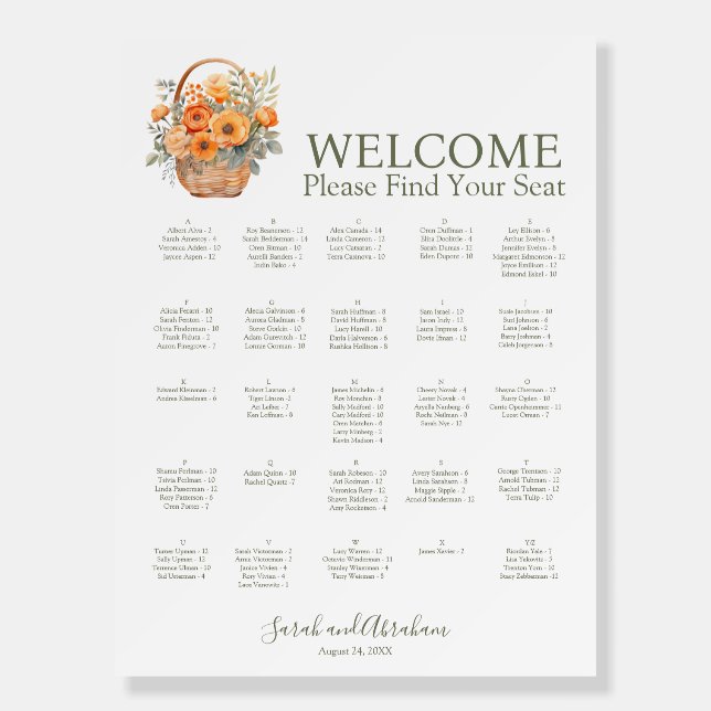 Alphabetic Alphabetical Wedding Seating Chart Foam Board (Front)
