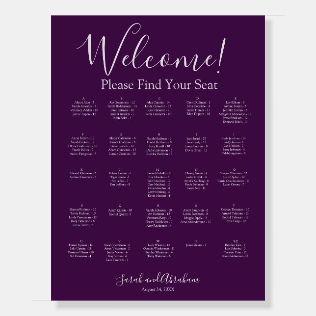 Alphabetic Alphabetical Wedding Seating Chart Foam Board (Front)