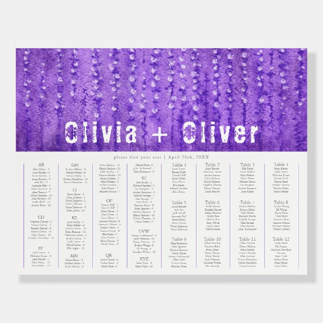 Alphabetical 12 Tables Wedding Seating Chart Foam Board (Front)