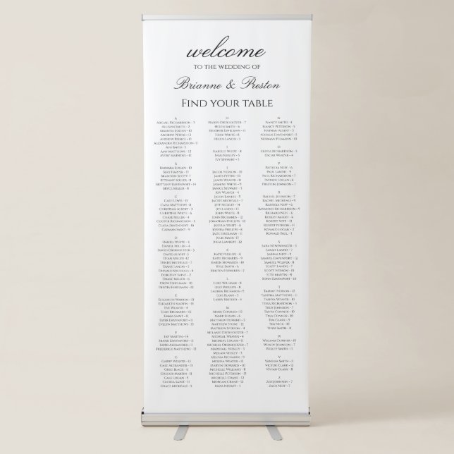 Alphabetical 150 Guest Seating Chart Black & White Retractable Banner (Front)