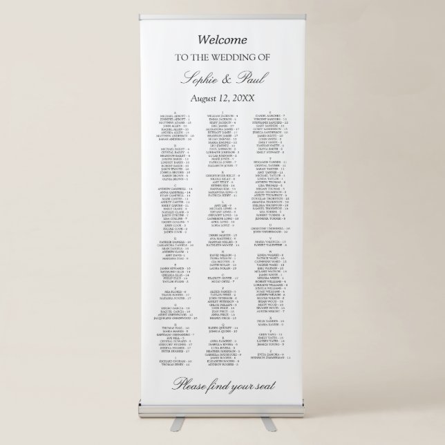 Alphabetical 180 Guest Welcome Seating Chart Retractable Banner (Front)