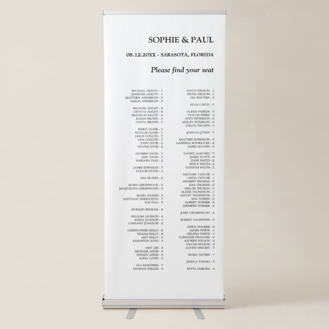 Alphabetical 80 Guest Classic Seating Chart Retractable Banner (Front)