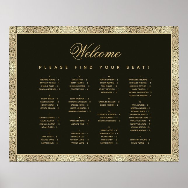 Alphabetical Black Gold Vintage Seating Chart  (Front)