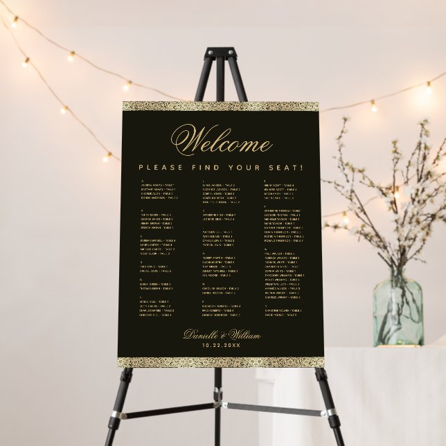 Alphabetical Black Gold Wedding Seating Chart Foam Board (In Situ (Stand))