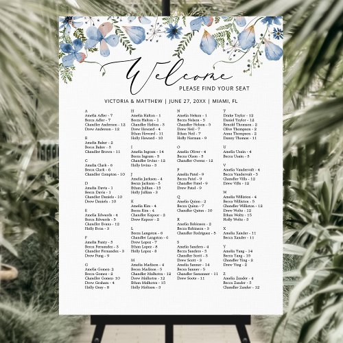 Alphabetical Blue Floral Wedding Seating Chart Foam Board
