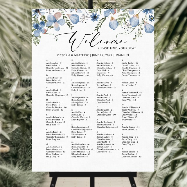 Alphabetical Blue Floral Wedding Seating Chart Foam Board (Creator Uploaded)