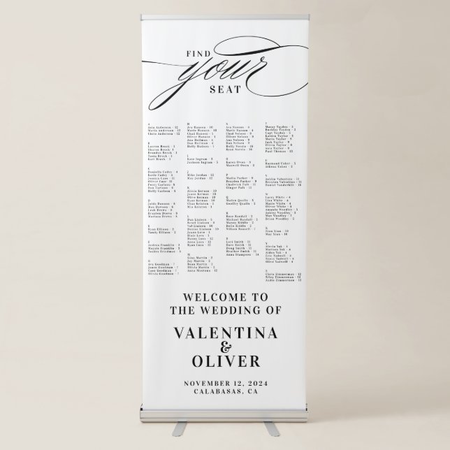 Alphabetical Calligraphy Wedding Seating Chart Retractable Banner (Front)