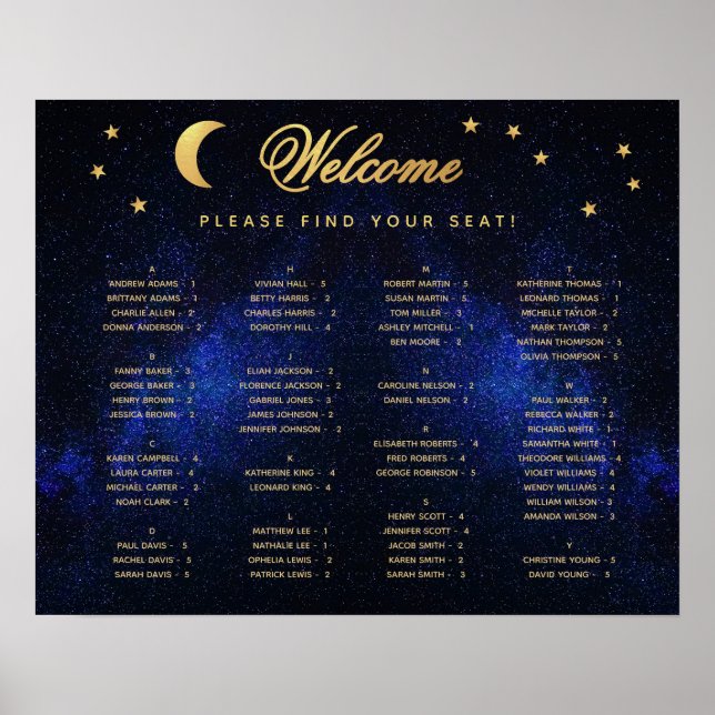 Alphabetical Celestial Wedding Stars Seating Chart (Front)
