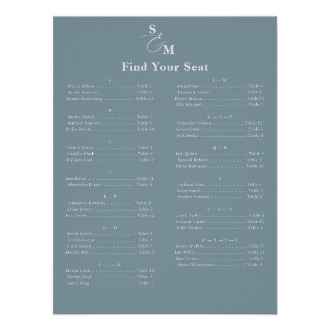 Alphabetical Classic Monogram Blue Seating Chart (Front)