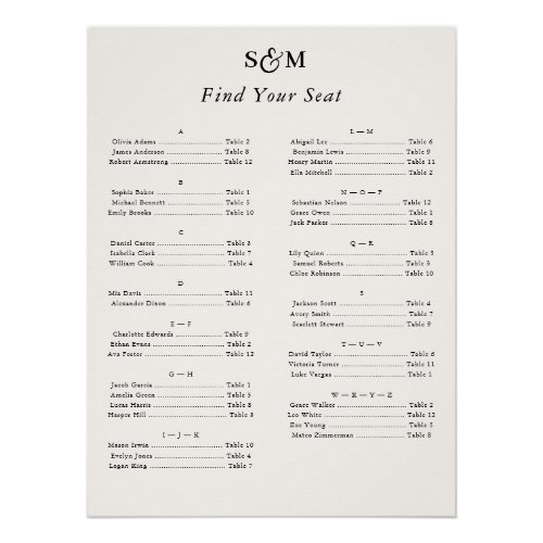 Alphabetical Classic Monogram Ivory Seating Chart