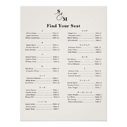 Alphabetical Classic Monogram Ivory Seating Chart