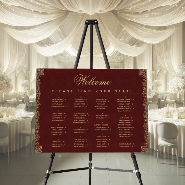 Alphabetical Elegant Burgundy Gold Seating Chart  Foam Board (Creator Uploaded)
