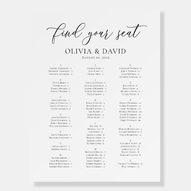 Alphabetical Elegant Find Your Seat Seating Chart Foam Board (Front)
