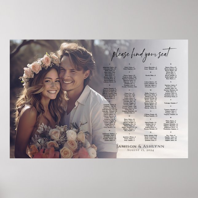 Alphabetical elegant photo wedding seating chart (Front)