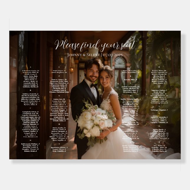 Alphabetical elegant photo wedding seating chart foam board (Front)