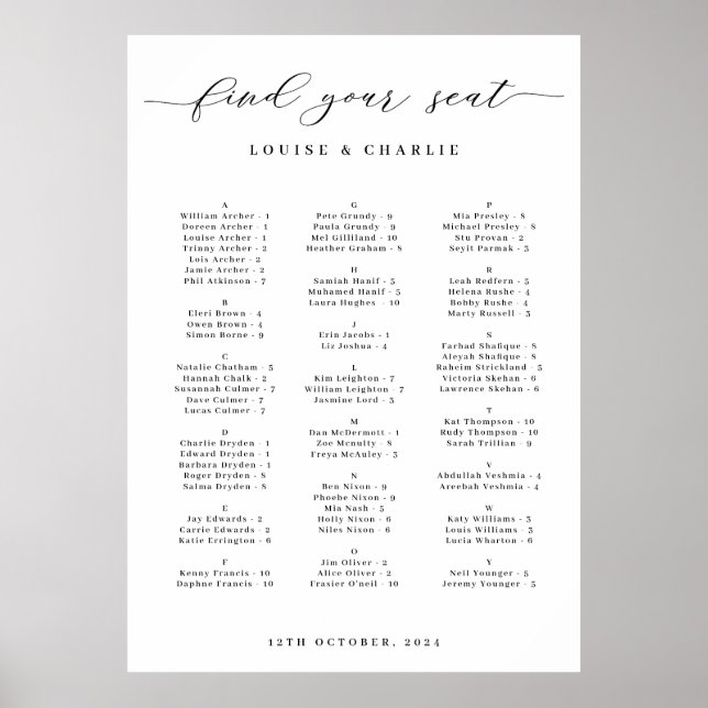 Alphabetical Elegant Wedding Seating Chart (Front)