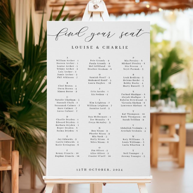 Alphabetical Elegant Wedding Seating Chart Faux Canvas Print (Editable find your seat elegant alphabetical wedding sign)