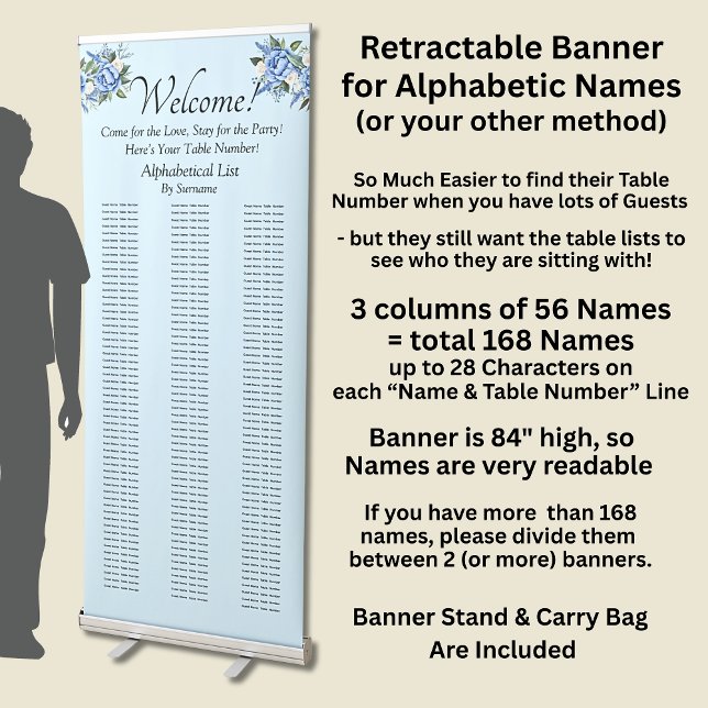 Alphabetical Guest Seating Table Chart, Blue Peony Retractable Banner (Creator Uploaded)
