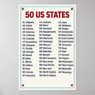 Alphabetical List of 50 Us States Abbreviations Poster