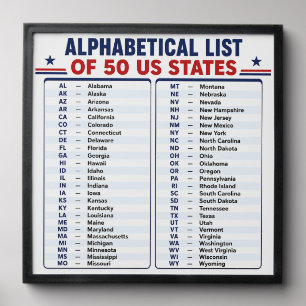 Alphabetical List of 50 US States - Frame Wall Art Peel And Stick Photo Tile