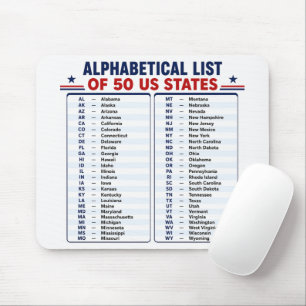 Alphabetical List of 50 US States List Chart - USA Mouse Pad