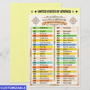 Alphabetical List of 50 US States Papers. Writing Stationery