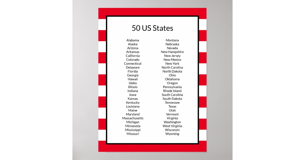 Alphabetical List of 50 US States Poster | Zazzle