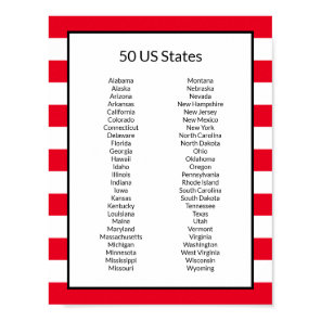 Alphabetical List of 50 US States Poster