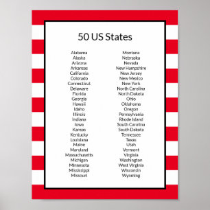 Alphabetical List of 50 US States Poster
