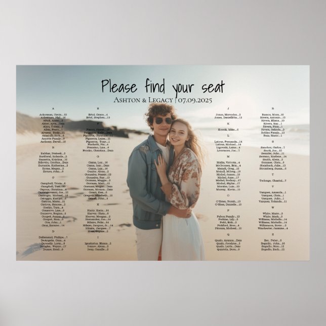 Alphabetical modern photo wedding seating chart (Front)