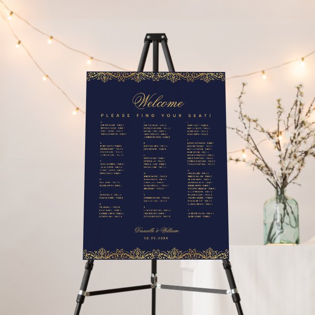 Alphabetical Navy Blue Gold Antique Seating Chart  Foam Board (In Situ (Stand))