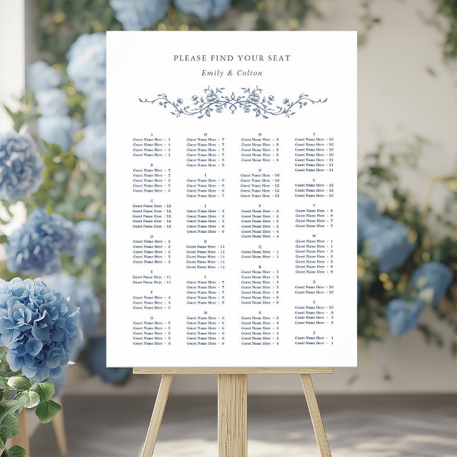 Alphabetical Order Blue Wedding Seating Chart  Foam Board (Creator Uploaded)