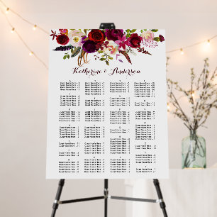 Alphabetical Order Burgundy Wedding Seating Chart Foam Board