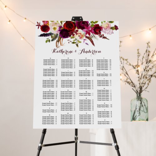 Alphabetical Order Burgundy Wedding Seating Chart Foam Board