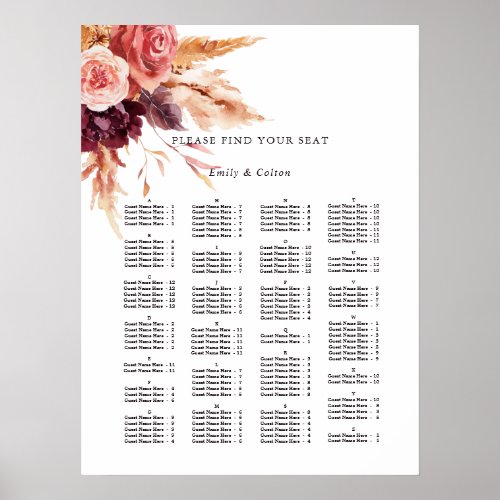 Alphabetical Order Floral Wedding Seating Chart
