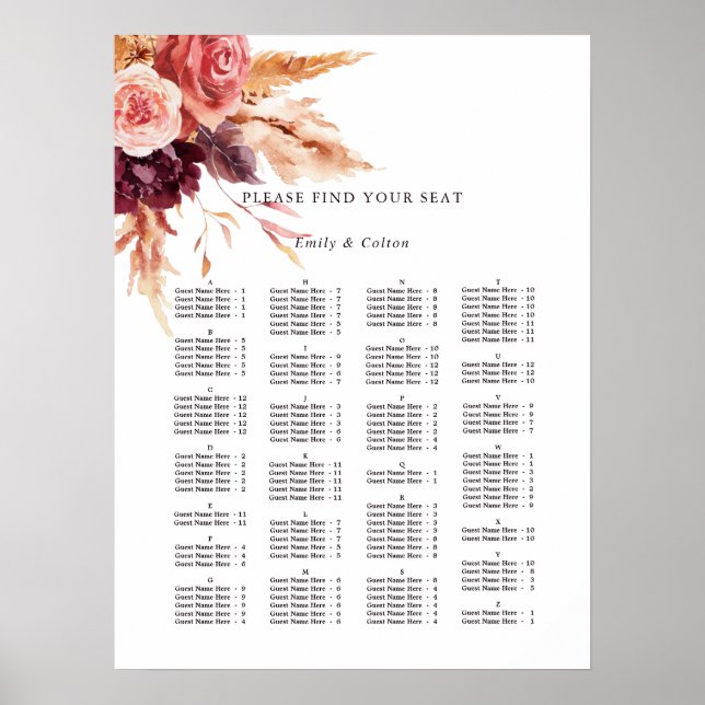 Alphabetical Order Floral Wedding Seating Chart (Front)