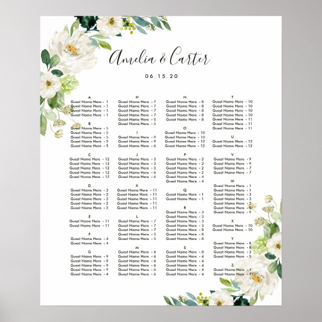 ALPHABETICAL ORDER Floral Wedding Seating Chart (Front)