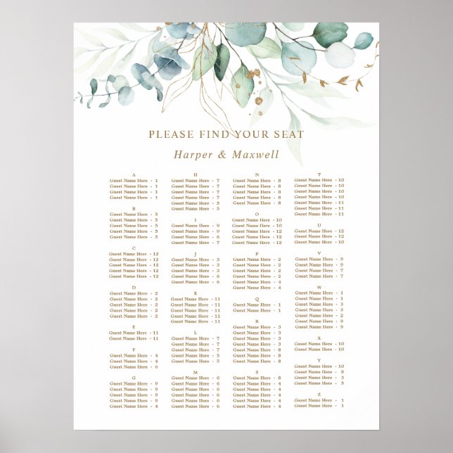 ALPHABETICAL Order Gold and Green Wedding Seating Poster (Front)