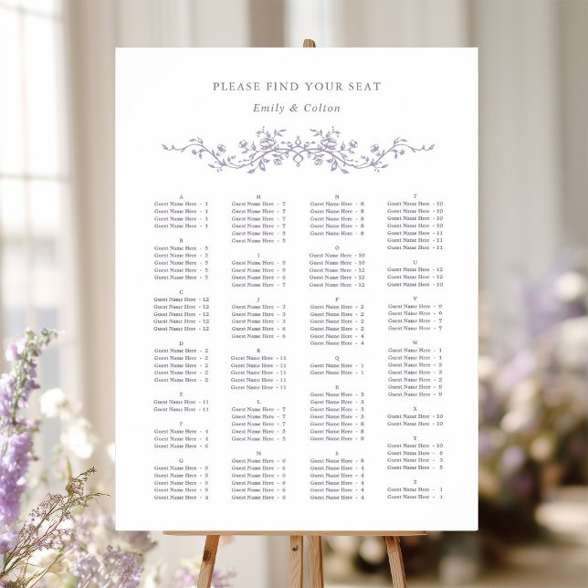Alphabetical Order Lavender Wedding Seating Chart Foam Board (Creator Uploaded)